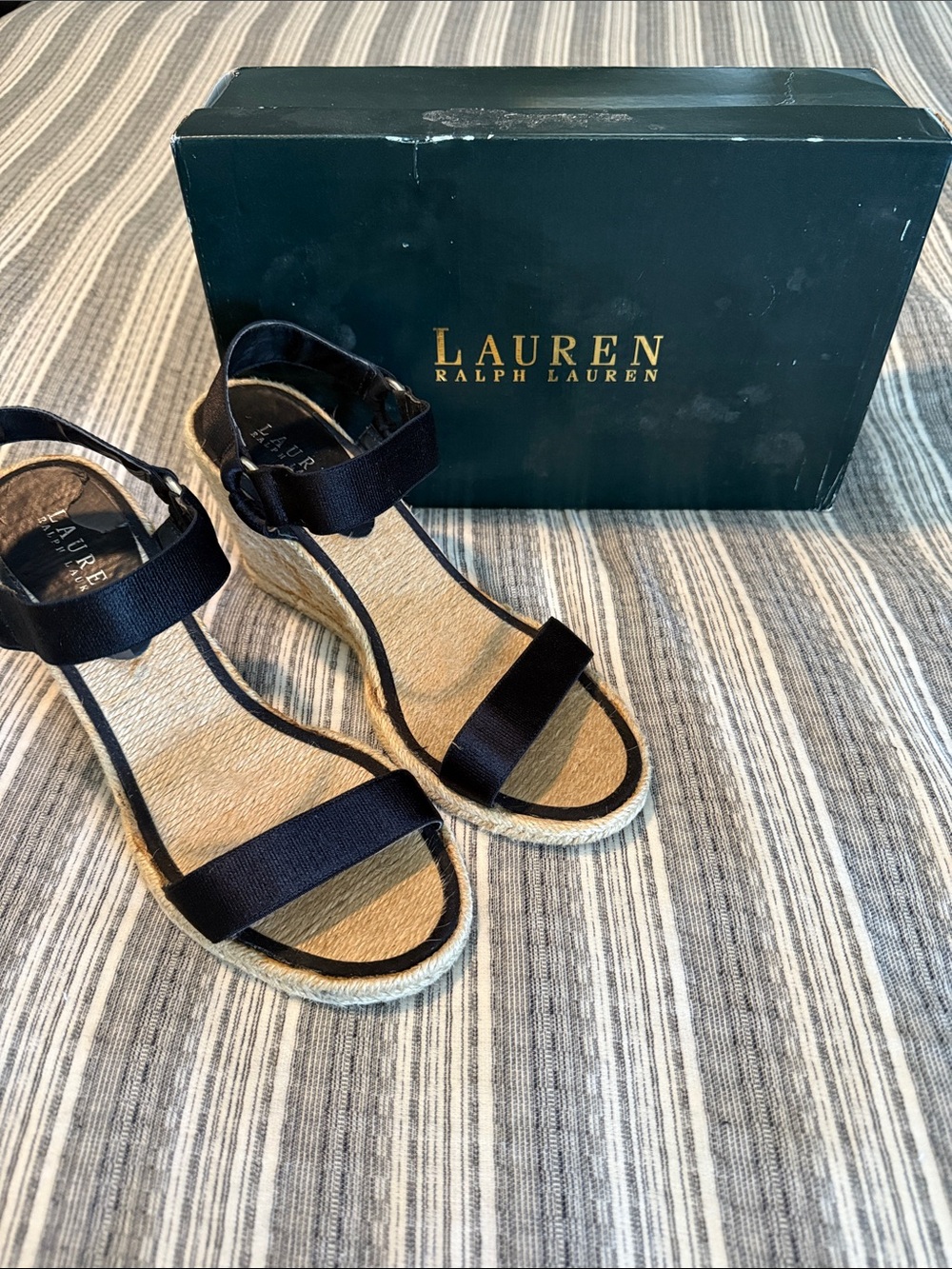 Lauren Ralph Lauren Black Espadrille Wedge Sandals with Ankle Strap 9.5